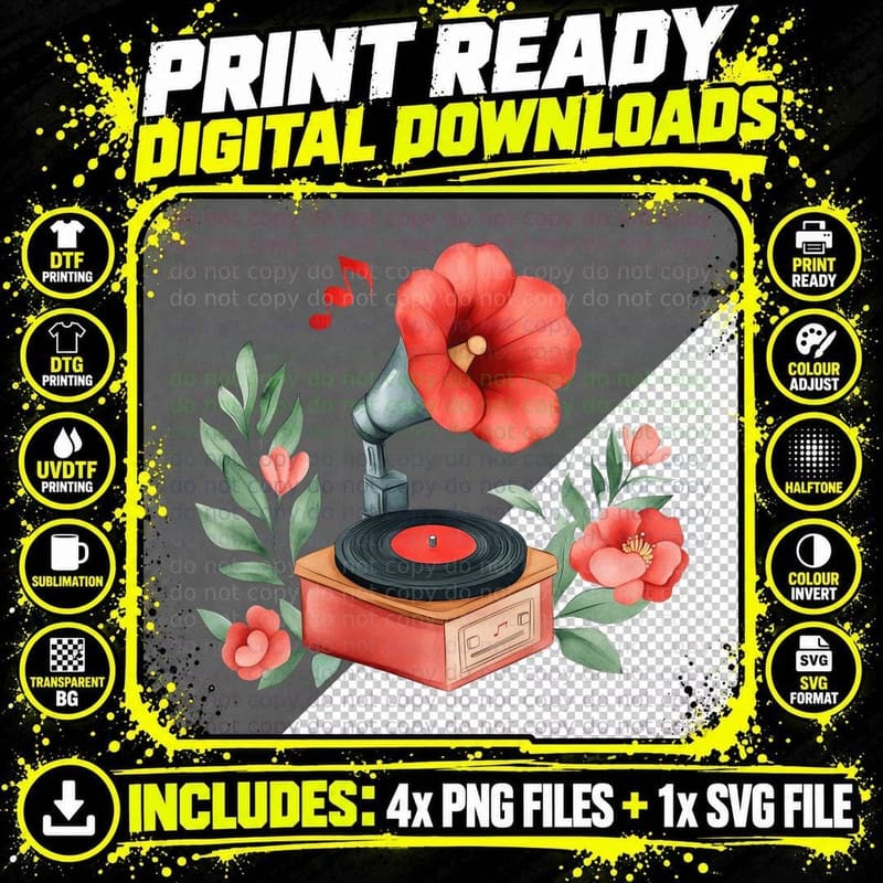 Vintage Gramophone with Flowers Lunar New Year T-Shirt Png SVG Digital Bundle