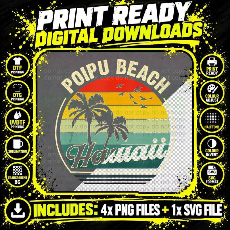 Vintage Poipu Koloa Kauai Beach Summer Vacation Sunset Png SVG Digital Bundle
