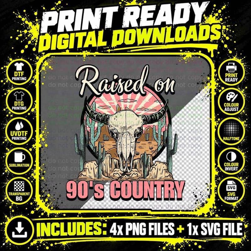 Vintage Raised on 90's Country Music Bull Skull Western Png SVG Digital Bundle