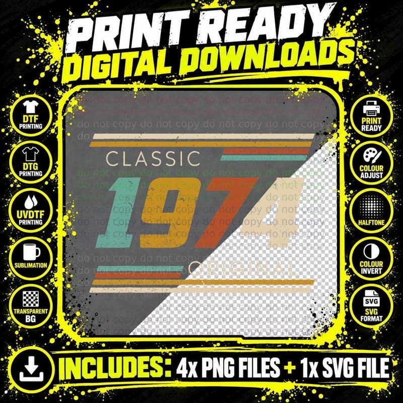 Vintage Retro Nostalgia T-Shirt, Classic 1974 Original Png SVG Digital Bundle