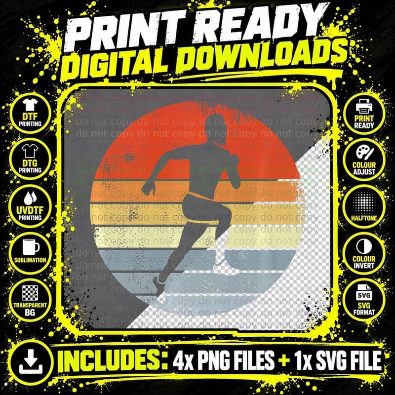 Vintage Runner Drawing Running Enthusiast Marathon Png SVG Digital Bundle
