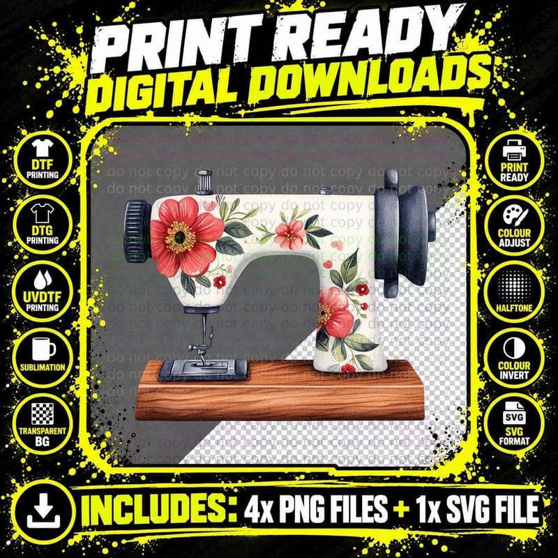 Vintage Sewing Machine with Flowers Lunar New Year Png SVG Digital Bundle