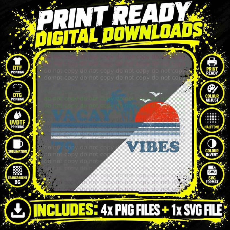 Vintage Vacay Vibes Beach Vacation Retro Sunset 70's Png SVG Digital Bundle