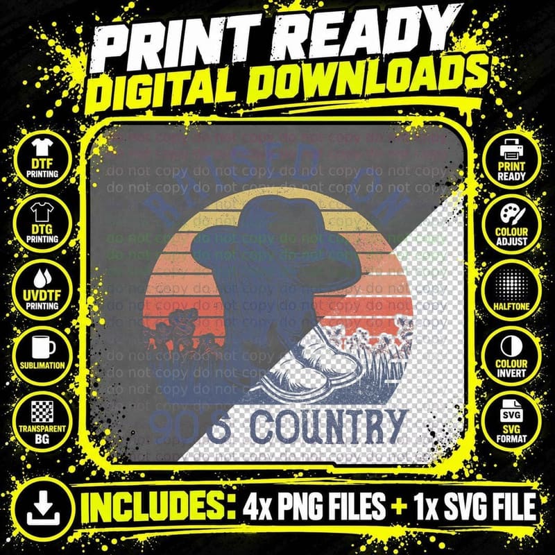 Vintage Western Raised on 90's Country Music Cowboy Hat Png SVG Digital Bundle