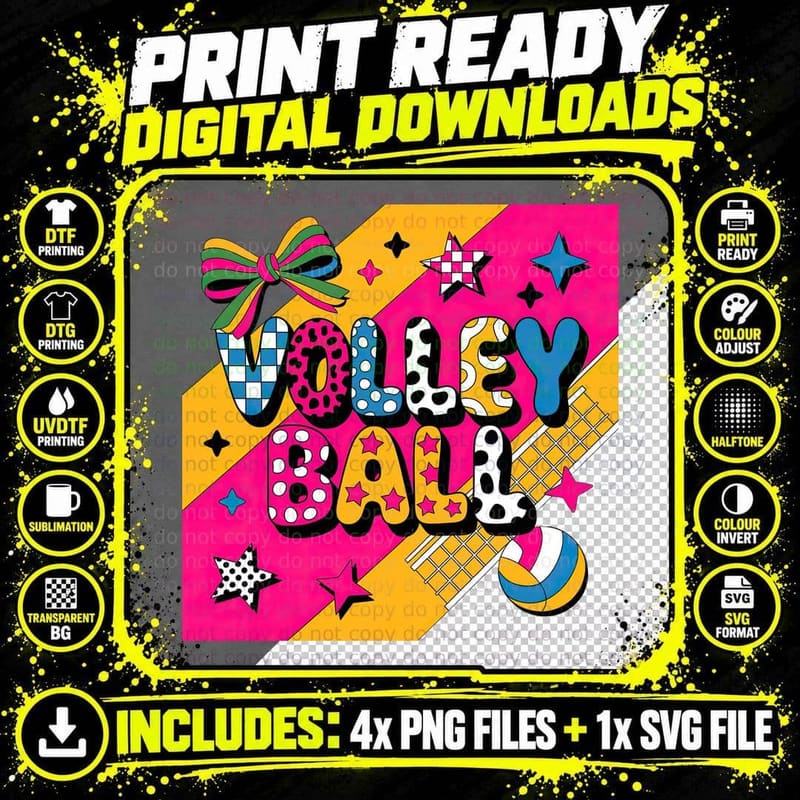Volleyball T-Shirt, Colorful Retro Volleyball Graphic Tee Png SVG Digital Bundle