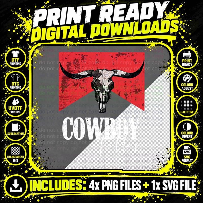 Western Cowgirl Vintage Punchy Skull T-Shirt Png SVG Digital Bundle