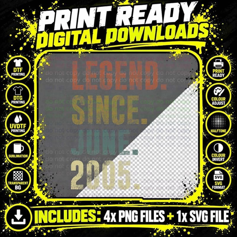 18th 2005 Birthday Vintage Legend Since June 2005 T-Shirt Png SVG Digital Bundle