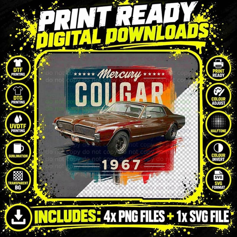 1967 Mercury Classic Cougar Vinatge Cars T-Shirt Png SVG Digital Bundle