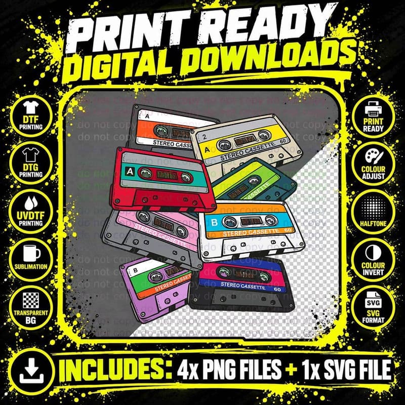 1980 80's Kid Vintage Generation Eighties Cassette Tape Png SVG Digital Bundle