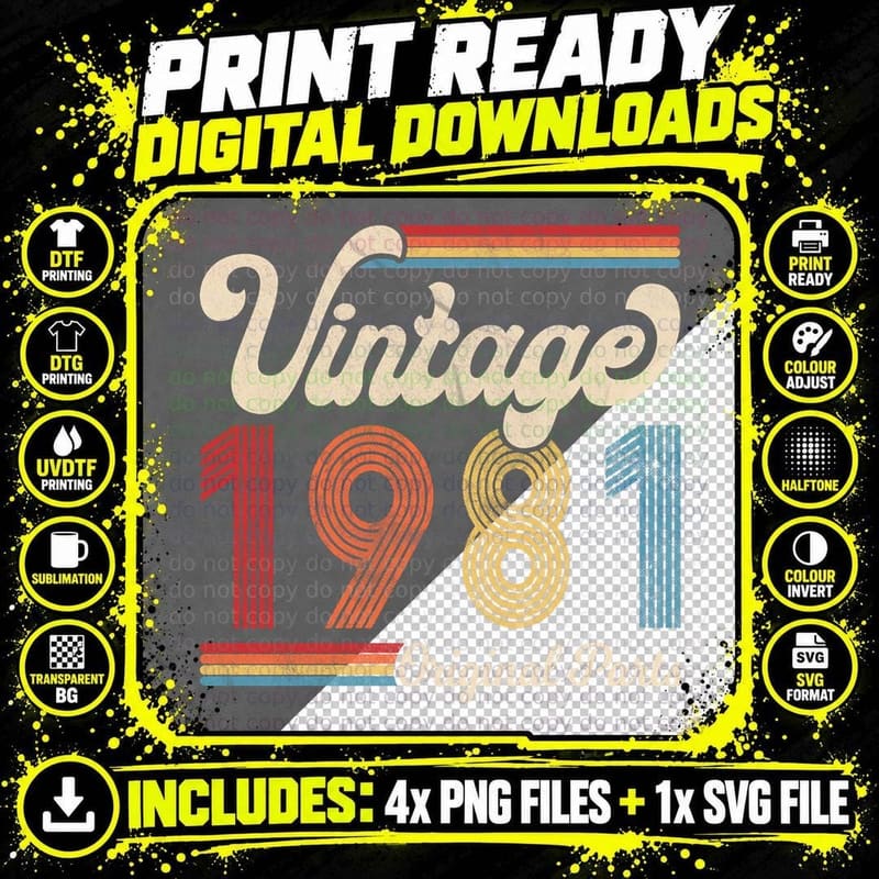1981. Vintage 1981 Birthday Gift Men Women. Born Made Png SVG Digital Bundle
