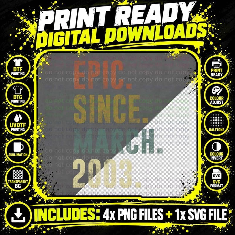 20th 2003 Birthday Vintage Epic Since March 2003 Png SVG Digital Bundle