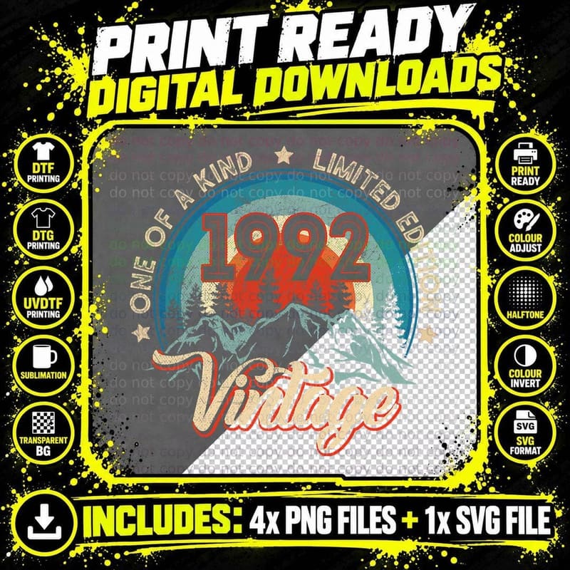30 Birthday Gifts Vintage 1992 One of a Kind Limited Png SVG Digital Bundle
