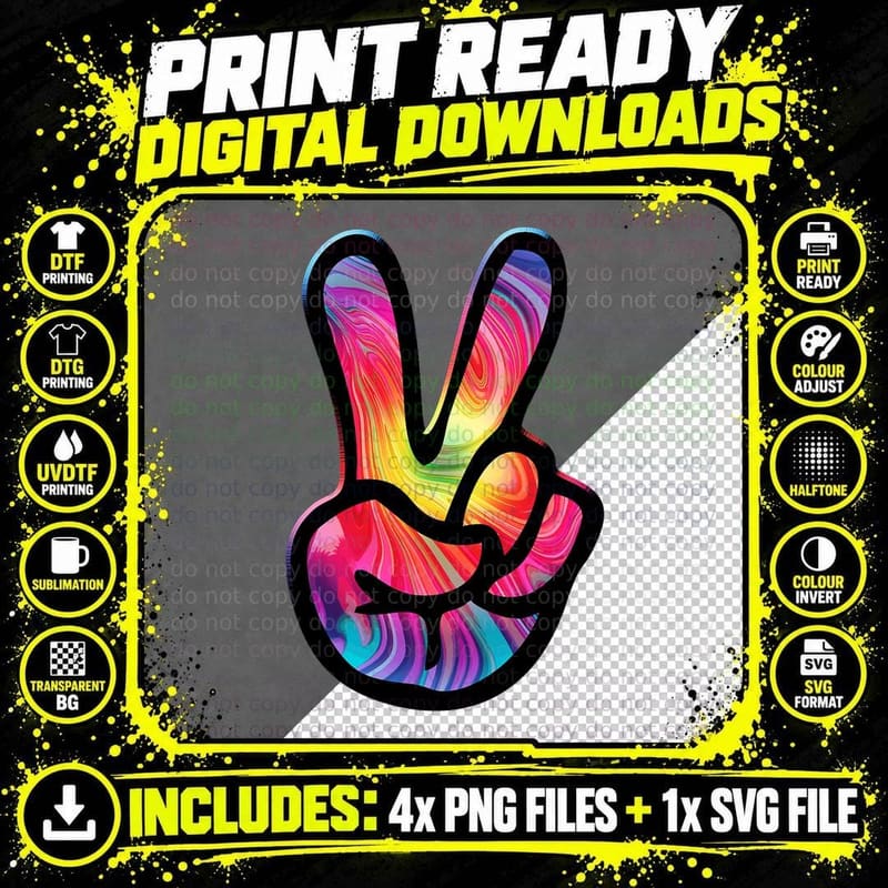 60s 70s Tie Dye Peace Hand Sign Shirt - Hippie T-Shirt Png SVG Digital Bundle