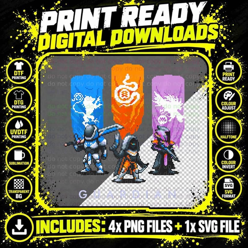 8-Bit Retro Guardian . Hunter Titan Warlock. Png SVG Digital Bundle