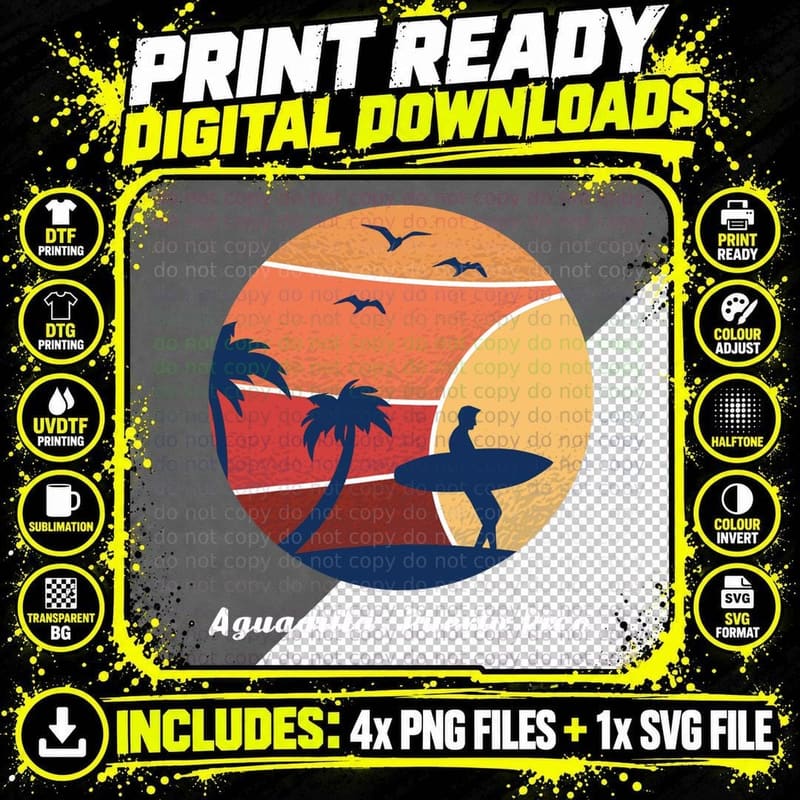 Aguadilla Puerto Rico Surfing Surfer Vintage Sunset Png SVG Digital Bundle