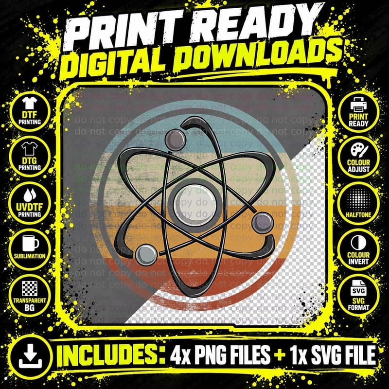 Atom Retro Style Vintage Sunset Physics Science T-Shirt Png SVG Digital Bundle