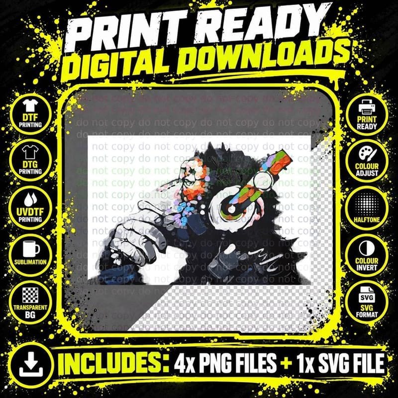 Banksy DJ Monkey Thinker with Headphones White Classic Png SVG Digital Bundle