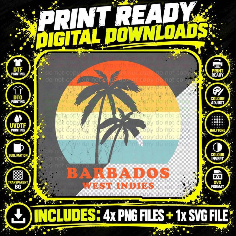 Barbados, West Indies Vintage Palm Tree Sunset Vacation Png SVG Digital Bundle