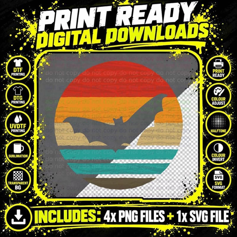 Bat Retro Style Vintage T-Shirt Png SVG Digital Bundle
