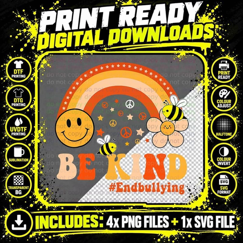 Bee Kind Unity Day Orange Anti-Bullying Kindness Retro Png SVG Digital Bundle