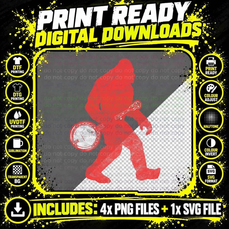 Bigfoot & Banjo - Sasquatch Silhouette Retro Bluegrass Png SVG Digital Bundle