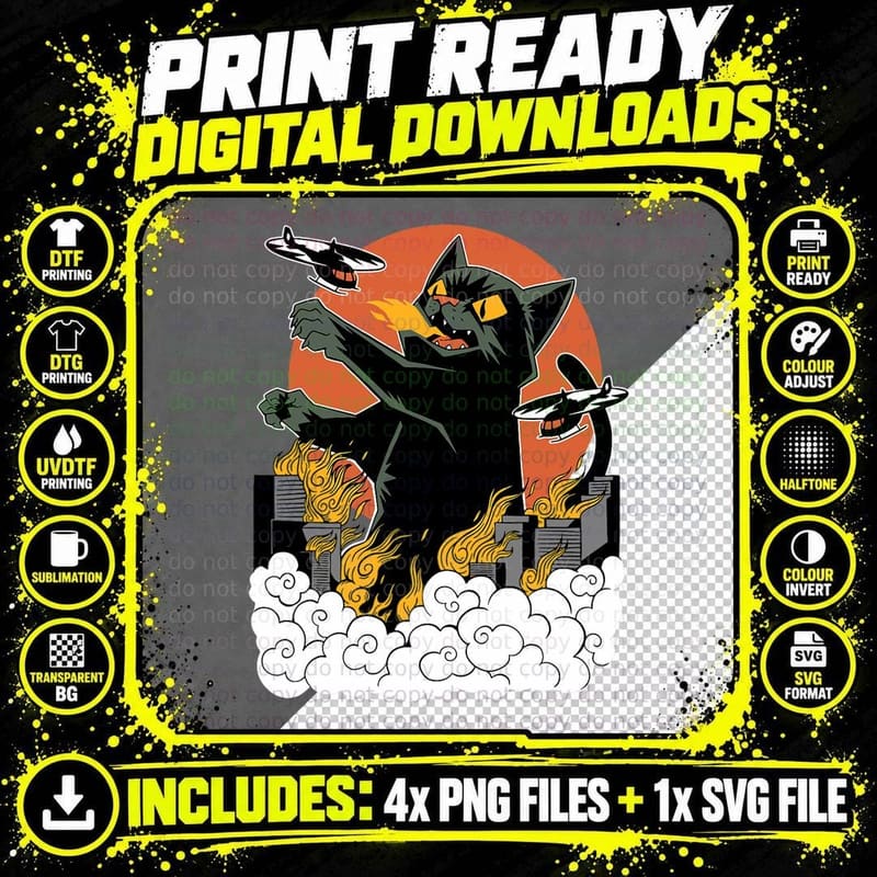 Black Japanese Catzilla Sunset T-Shirt - Classic Fit Png SVG Digital Bundle