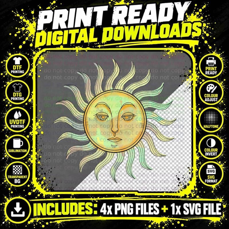 Bohemian Sun Face Hippie Psychedelic Art Vintage Classic Png SVG Digital Bundle
