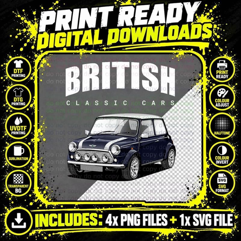 British Classic Car Dark Blue Mini Sports Car T-Shirt Png SVG Digital Bundle