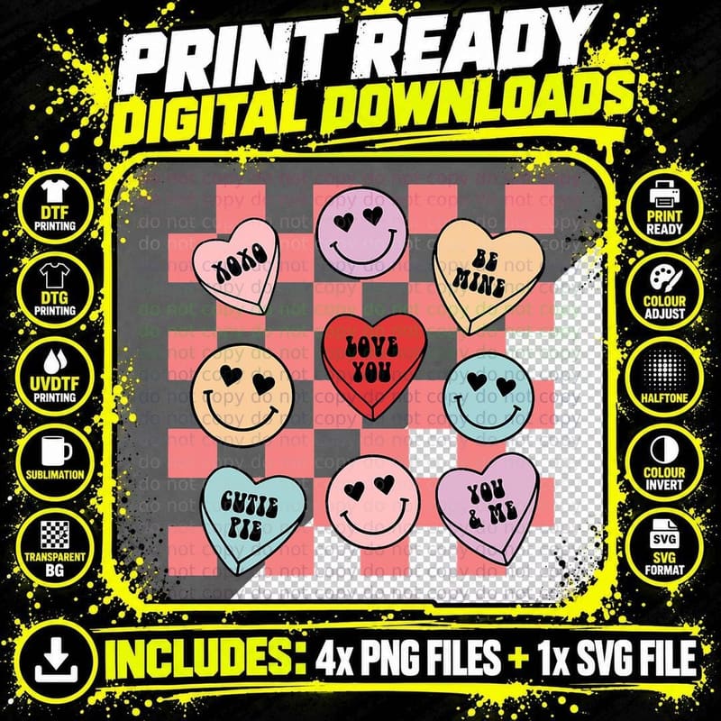 Candy Conversation Hearts Retro Groovy Valentines Day Png SVG Digital Bundle