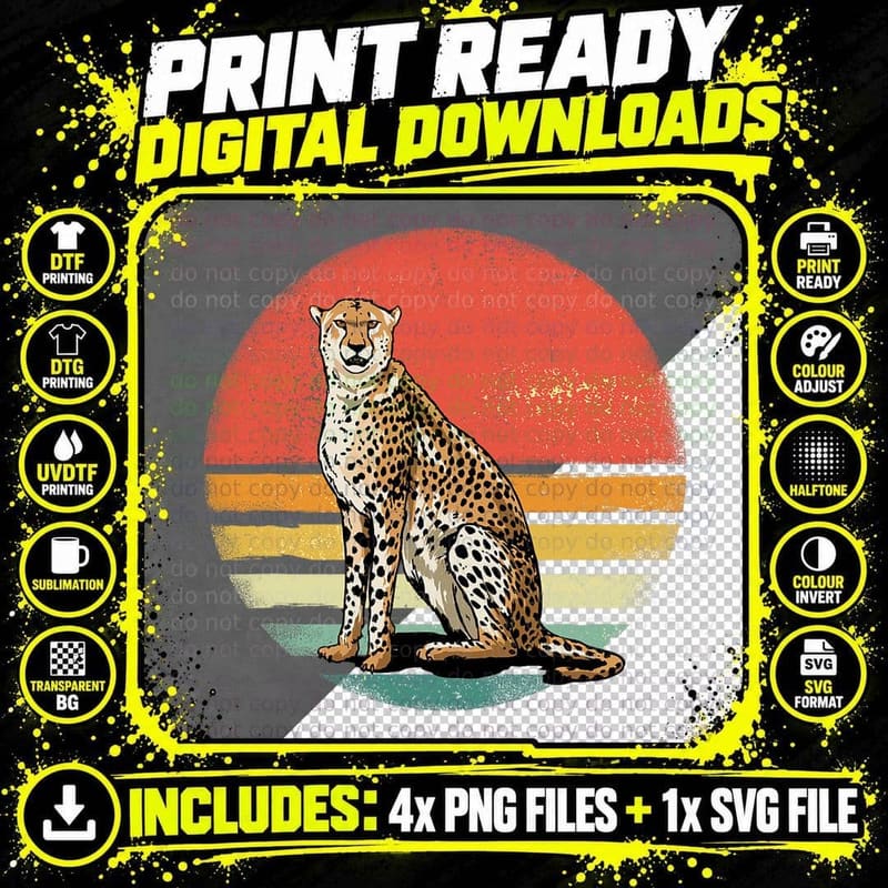 Cheetah Shirt Retro Vintage 70s Cheetah African Animal Png SVG Digital Bundle