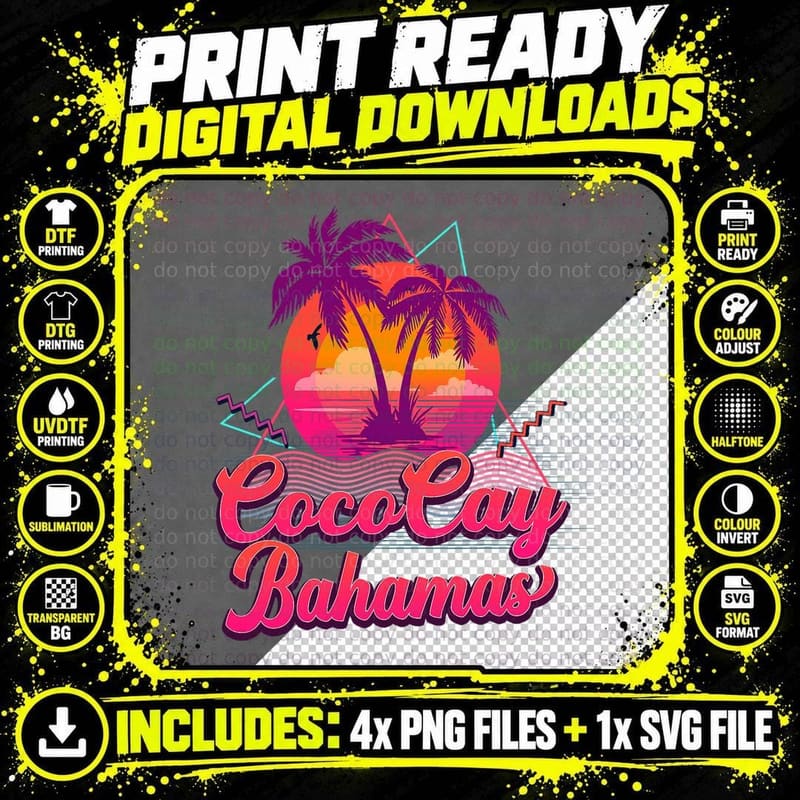 Coco Cay Bahamas Palm Trees Retro Beach 80s Summer Png SVG Digital Bundle