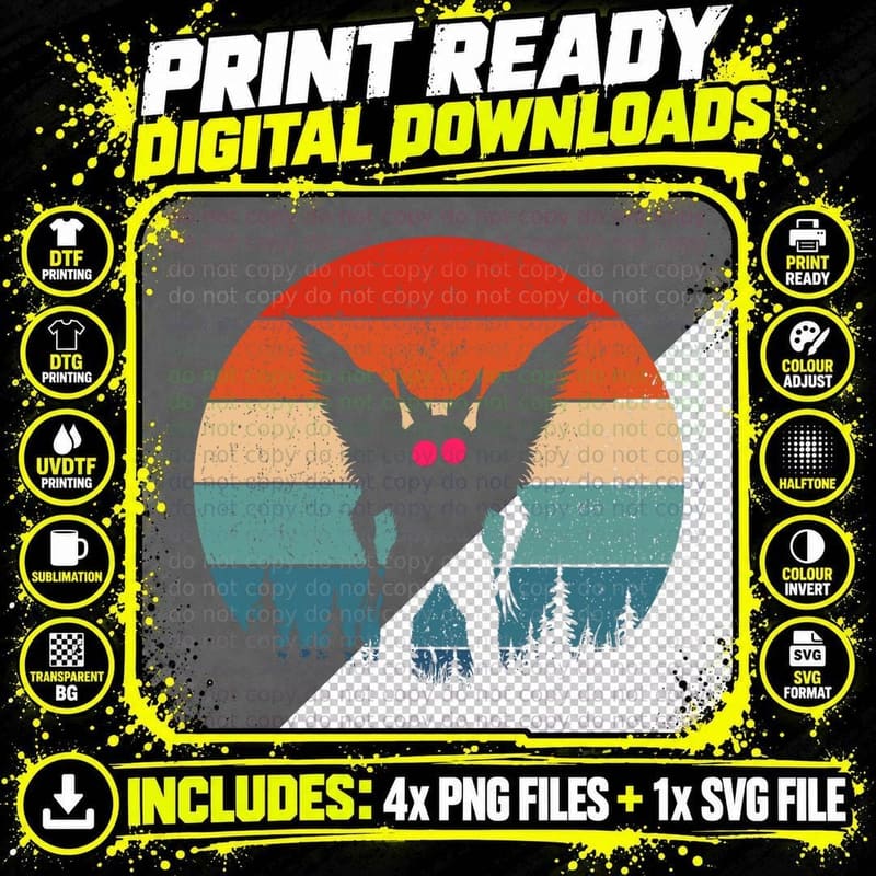 Cryptid Vintage Mothman Sunset 80s Folklore Lovers Men Png SVG Digital Bundle