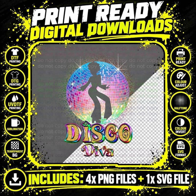 Disco Diva - Retro 70's 80's Seventies Retro Disco Ball Png SVG Digital Bundle
