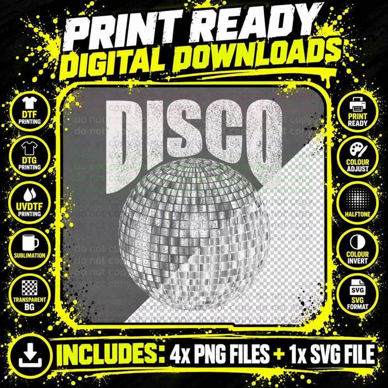 Disco Music Ball 70s Disco Party Costume Retro Seventies Png SVG Digital Bundle