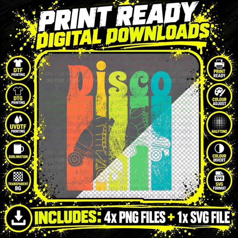 Disco Roller Vintage Skater Classic 70s 80s Skating Gift Png SVG Digital Bundle
