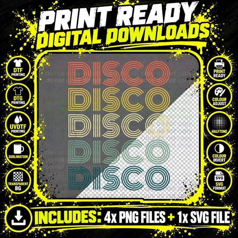 Disco Themed, Funky Vintage 70s 80s for Dance Pa Png SVG Digital Bundle