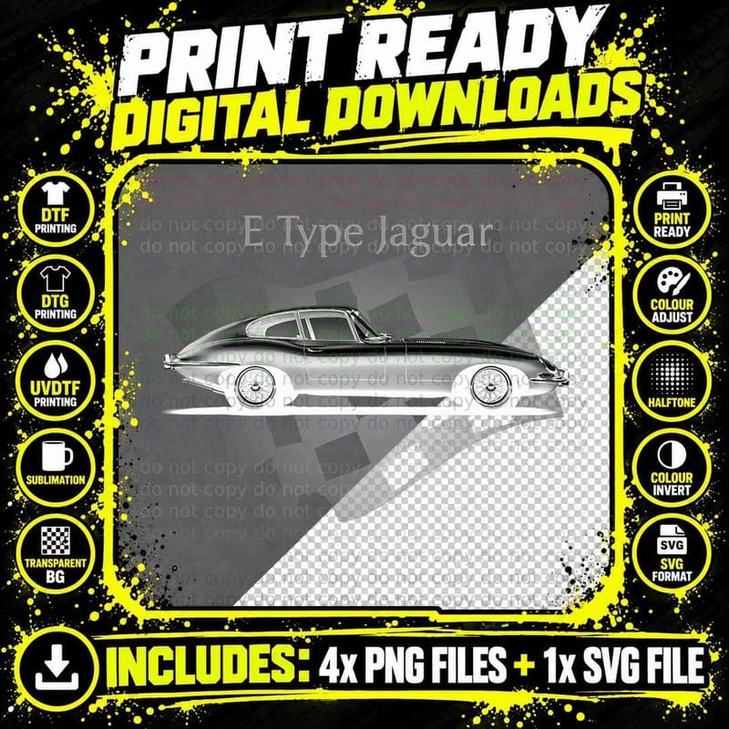 E-Type Jaguar T Shirt - Amazing Classic Car Design Png SVG Digital Bundle