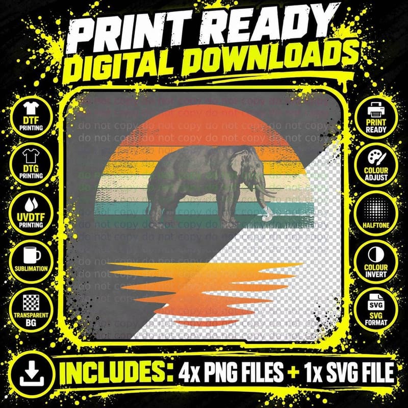 Elephant Vintage Retro Sunset Elephant Lover Men Women Png SVG Digital Bundle
