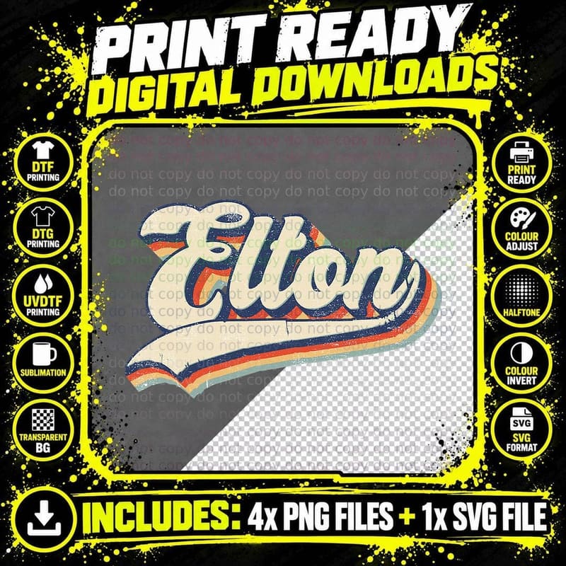 Elton Name Personalized Vintage Retro Gift Men Women Png SVG Digital Bundle