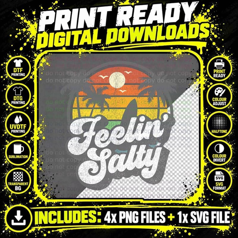 Feeling Salty Island Vacation Surfing Palm Retro Beach Png SVG Digital Bundle