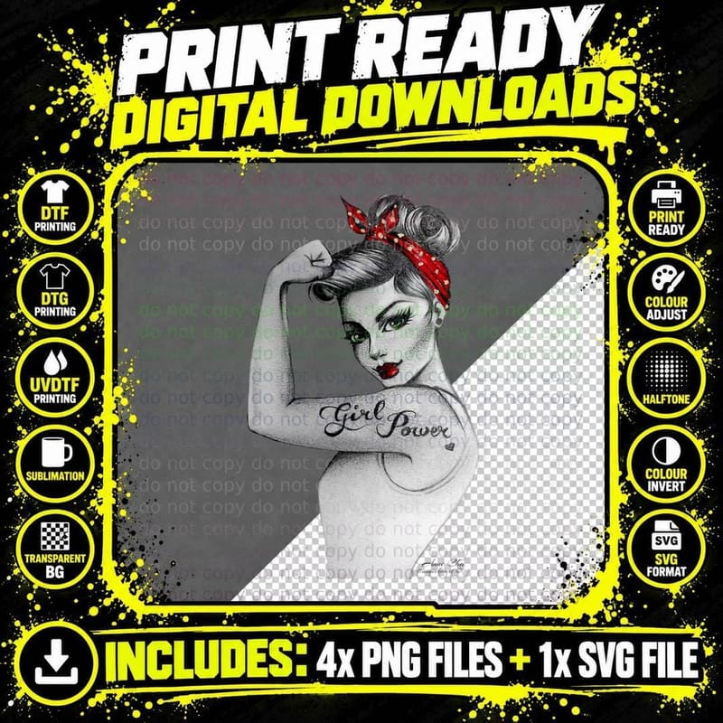 Girl Power Modern Rosie Pin up Retro Art by Anne Cha Png SVG Digital Bundle