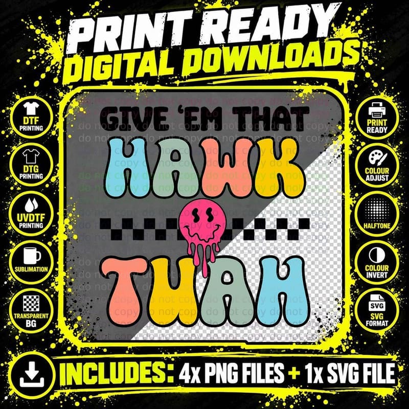 Give Em That Hawk Tuah Groovy Smile Face Hawk Tush Png SVG Digital Bundle