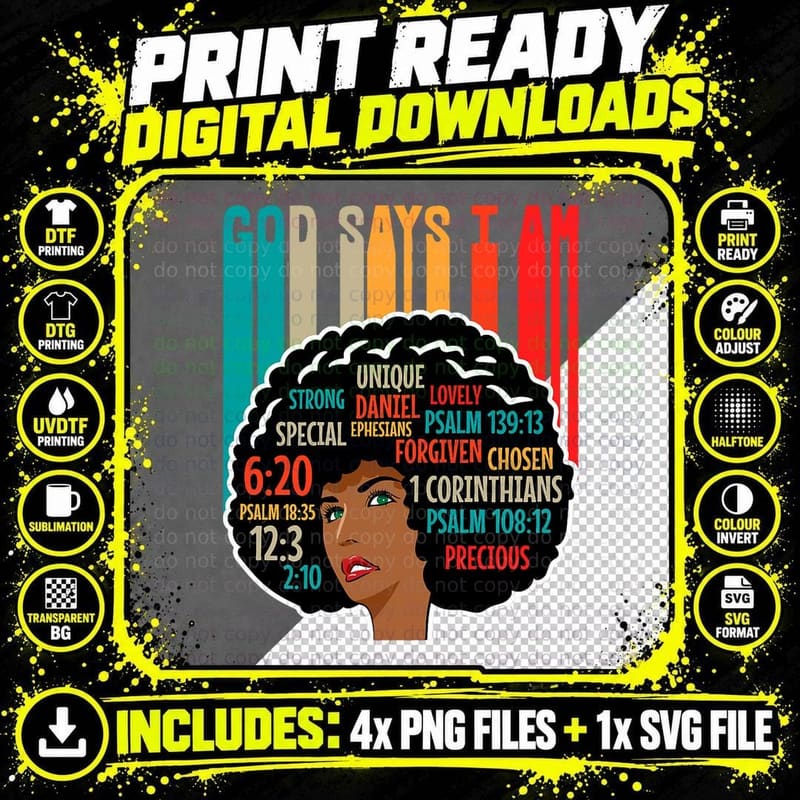God Says I Am Black History Month Retro BLM Melanin Afro Png SVG Digital Bundle