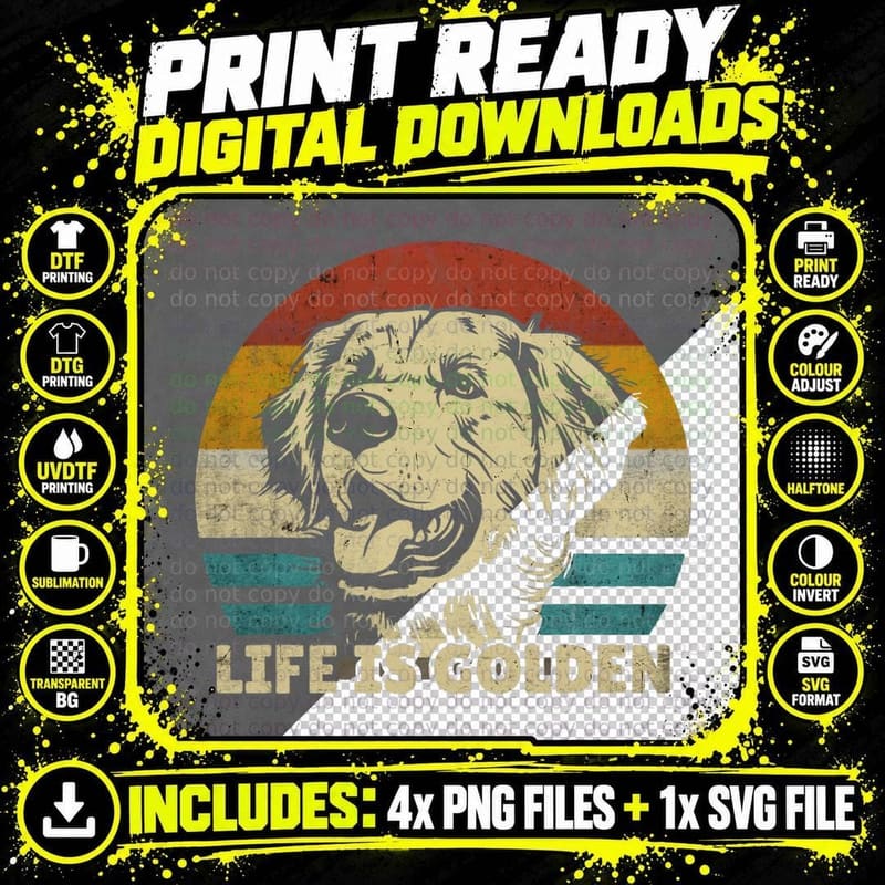 Golden Retriever Hund Life Is Golden Retro Vintage Png SVG Digital Bundle