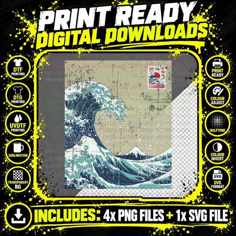 Great Wave Japanese Vintage Artwork for Men & Women Png SVG Digital Bundle