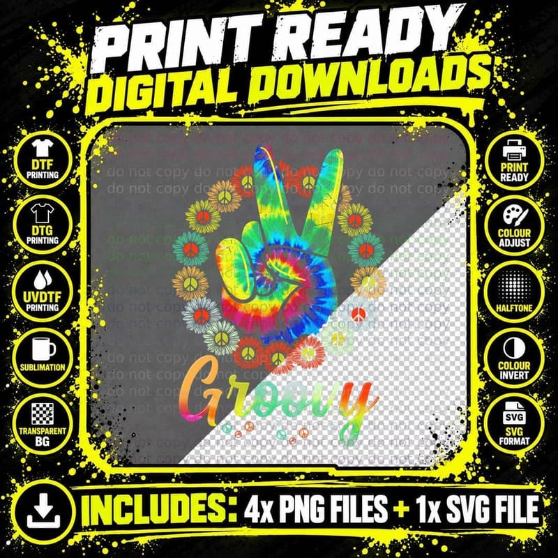 Groovy 70's Tie Dye Vintage 70s Retro 70's Hippie Png SVG Digital Bundle