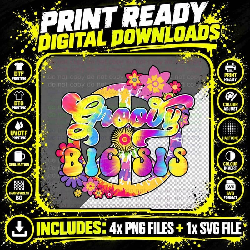 Groovy Big Sis Matching Family Baby Shower Hippie Tie Png SVG Digital Bundle