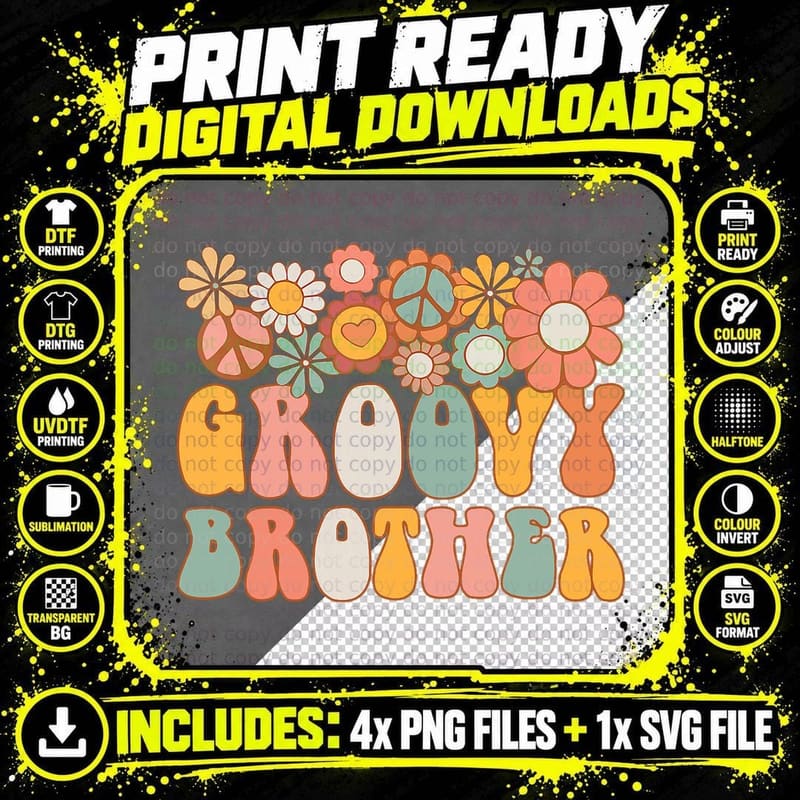 Groovy Brother Retro 60s 70s Hippie Family Matching Big Png SVG Digital Bundle