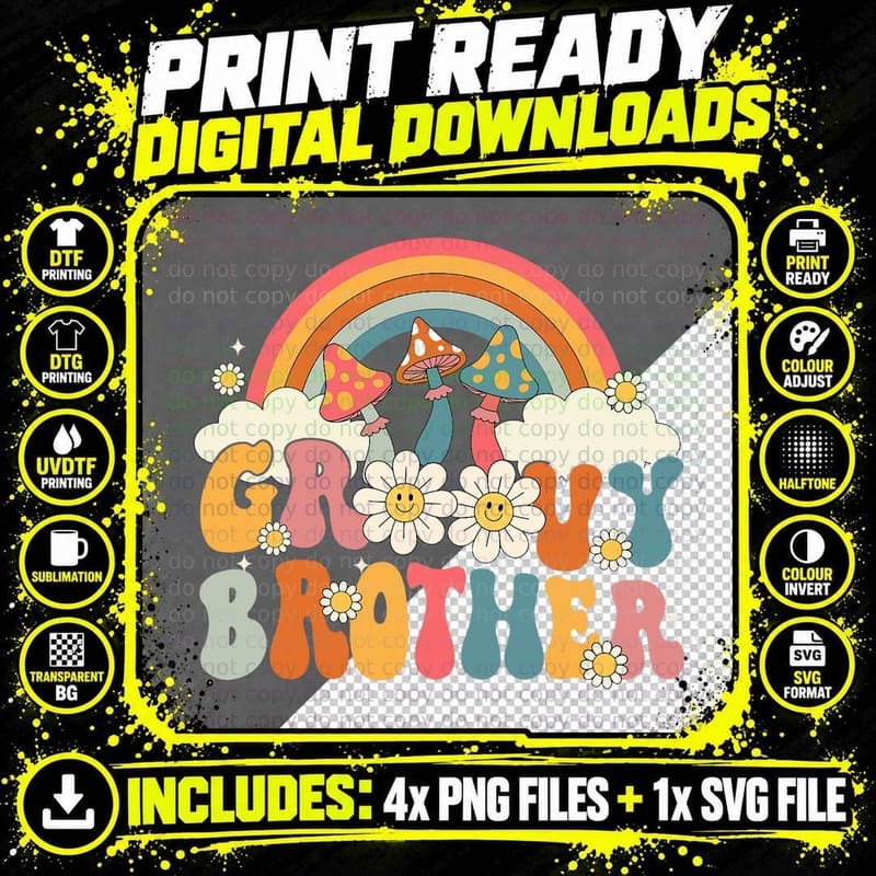 Groovy Rainbow Brother Birthday Party Decorations Family Png SVG Digital Bundle