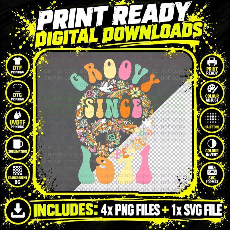 Groovy Since 1971 Peace for Vintage Birthday Party 60s Png SVG Digital Bundle